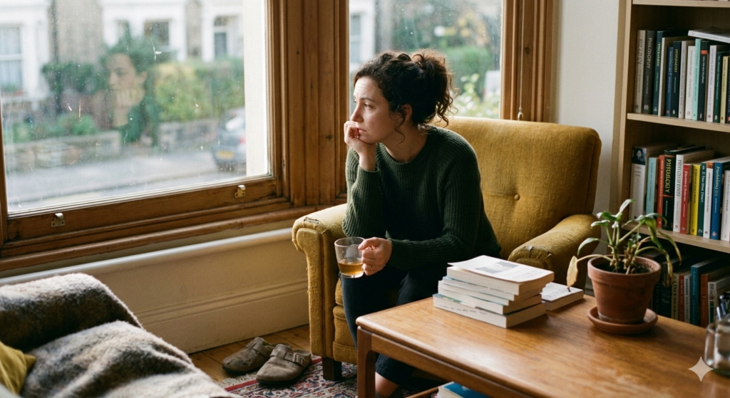 Een vrouw zit peinzend in een comfortabele stoel bij een raam met een kop thee, symbool voor introspectie en het observeren van gedachten.